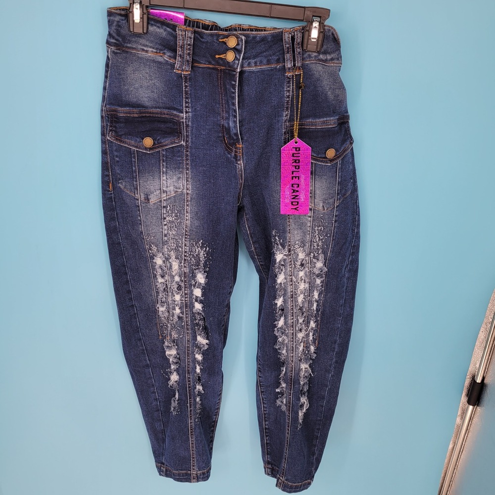 NWT Purple Candy Distressed Jogger Jeans Womens Size M Cargo Pockets High Rise